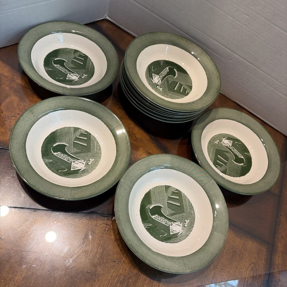 Vintage Colonial Homestead by Royal Salad/Soup Bowls 8 3/8" Green 10 Piece